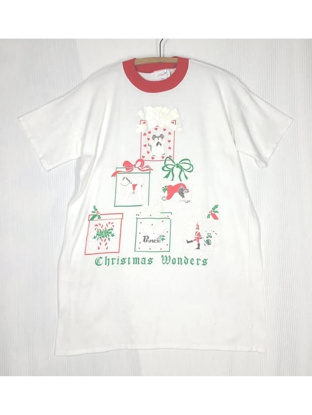 Vtg 70s CHRISTMAS WONDERS Tshirt Puffy Sparkle Pyramid Single Stitch Retro L XL